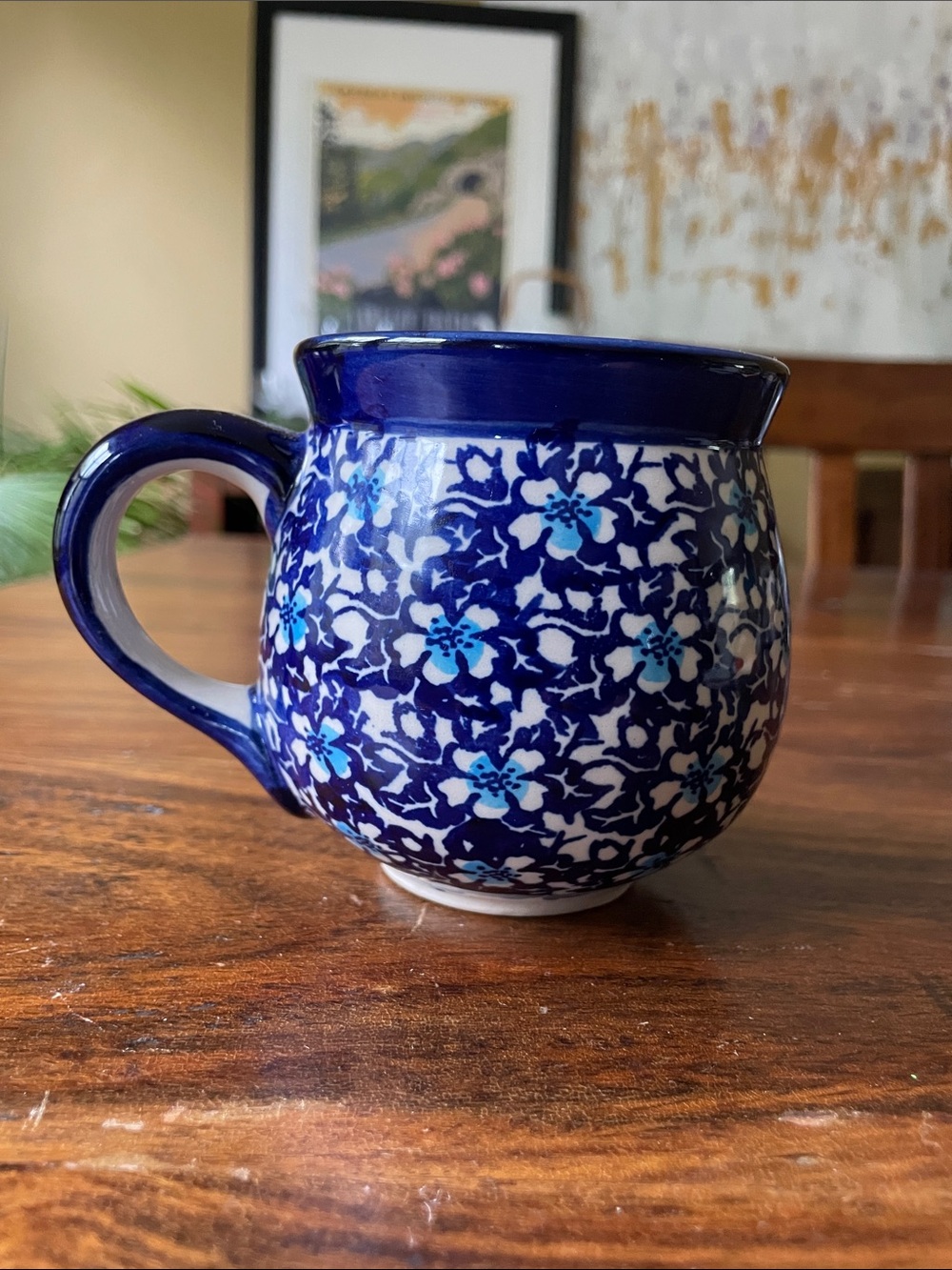 Polish Pottery Mug Bubble Potbelly Mug Blue Indigo Flowers Floral Design